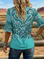 Women's Retro Floral Art Puff Sleeve Casual Shirt