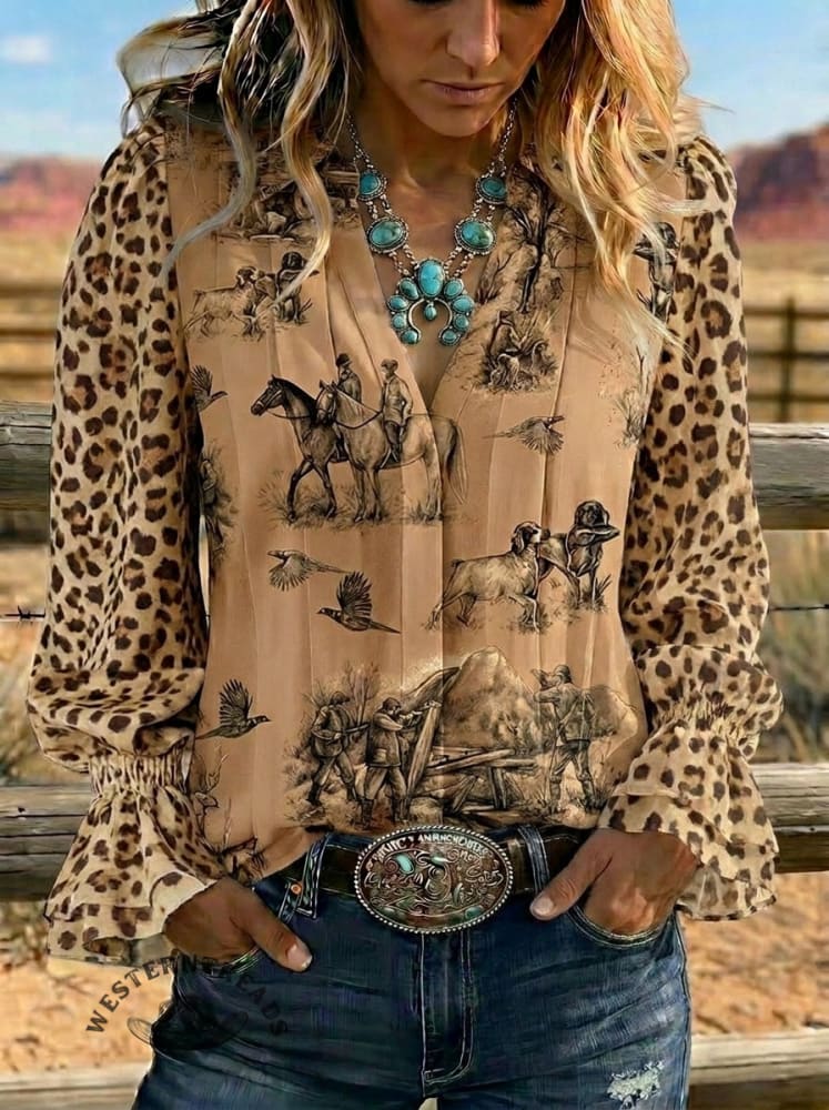 Women's Retro Leopard Western Art Ruffle Sleeve Casual Shirt