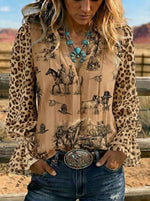 Women's Retro Leopard Western Art Ruffle Sleeve Casual Shirt