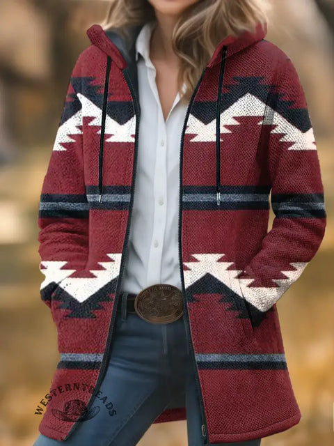 Red Aztec Stripes Unisex Plush Thick Long-sleeved Cardigan Coat