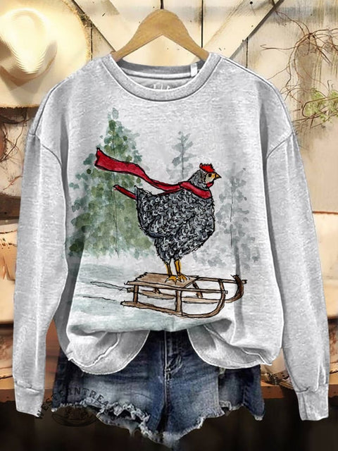 Chicken Christmas Print Casual Cotton Sweatshirt