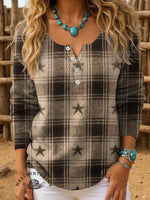 Women's Retro Geometric Art Print Henley Neck Sweater Top