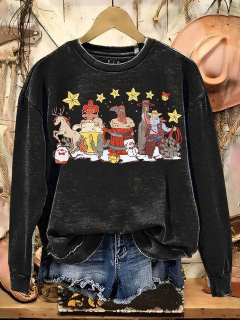 Western Christmas Print Casual Cotton Sweatshirt