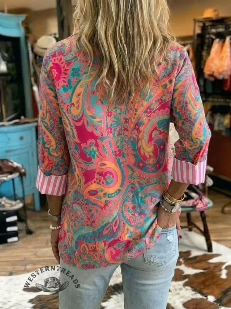 Women's Paisley Art Print Casual 3/4 Sleeve Shirt
