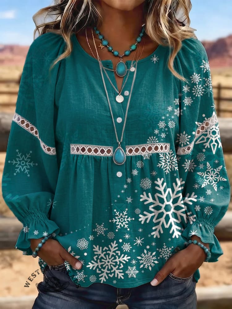 Women's Vintage Flowers Print Cutwork Patchwork Casual Shirt