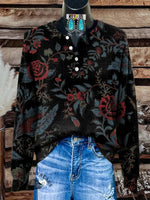 Women's Retro Flower Art Print Henley Neck Sweater