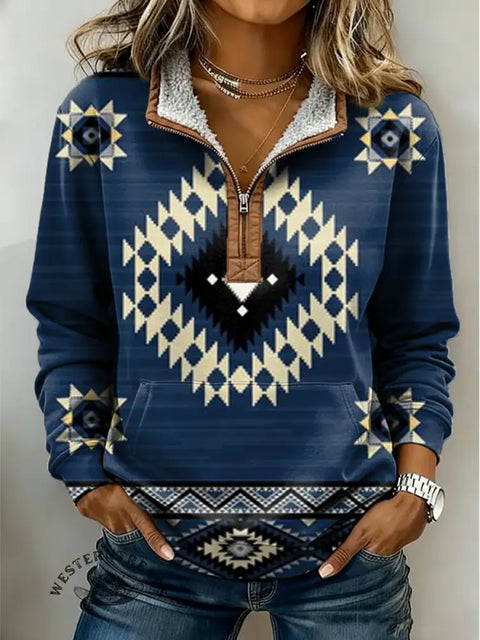 Retro Blue Aztec Print Casual Half-zip Cotton Sweatshirt