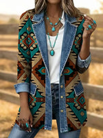 Retro Aztec Art Print Patchwork Denim Sweater Cardigan Coat