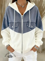 Casual Patchwork Denim Hooded Zip-up Cotton Sweatshirt