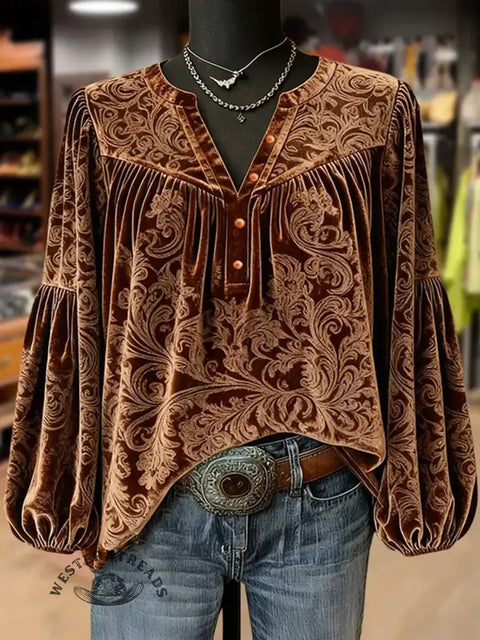 Women's Retro Printed Casual Velvet Top