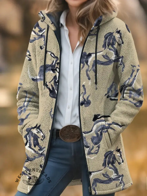 Retro Horse Art Unisex Plush Thick Long-Sleeved Cardigan Coat