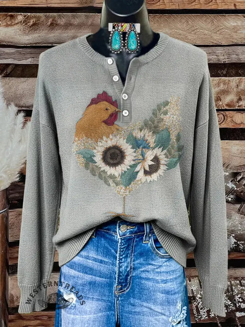 Retro Chicken Print Buttoned Cardigan Sweater
