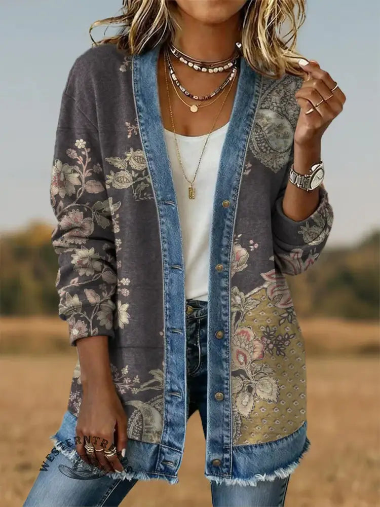Retro Flower Print Casual Cotton Patchwork Denim Coat