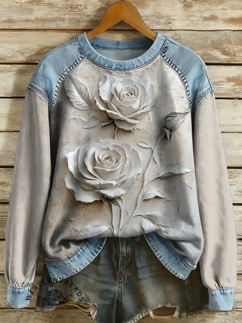 Floral Art Print Casual Denim Patchwork Top