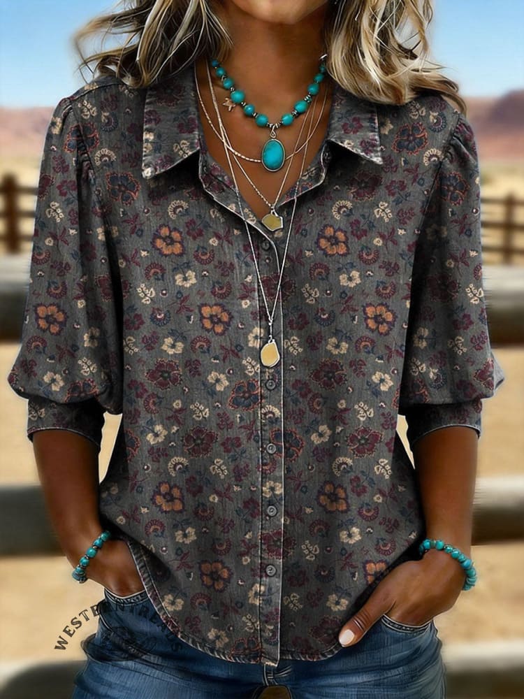 Vintage Floral Print Casual Puff Sleeve Denim Shirt