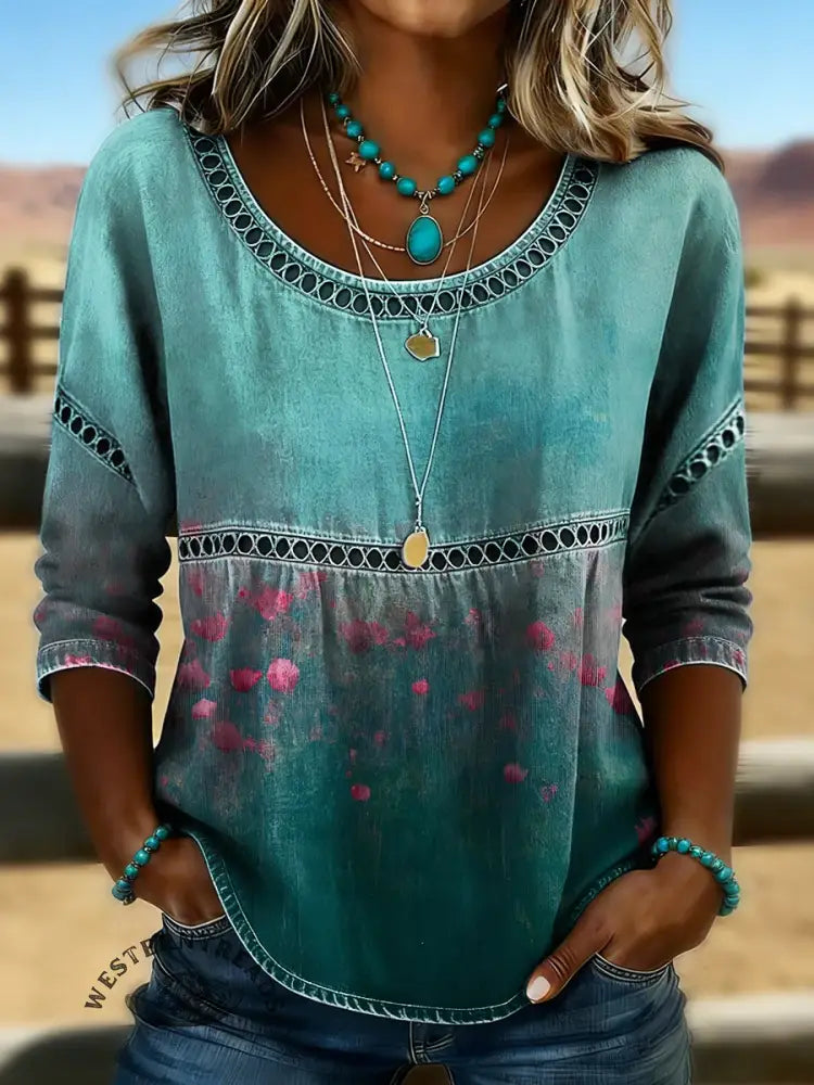 Women's Retro Floral Print Casual Hollow Denim Shirt