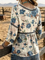 Women's Floral Vintage Print Casual 3/4 Sleeves Hollow Denim Shirt