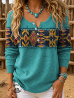 Women's Retro Aztec Art Print Henley Neck Sweater Top