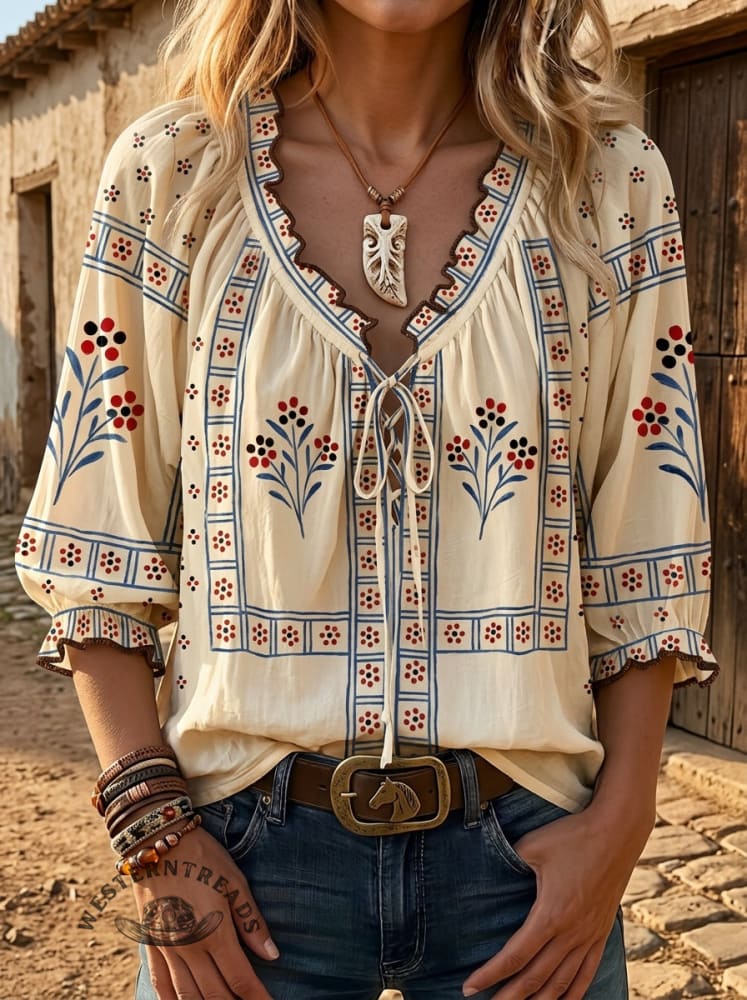 Vintage Ethnic Art Print Casual Ruffle Tie-up Shirt