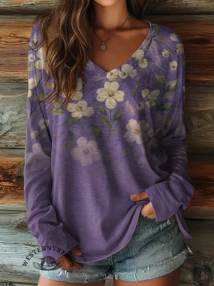 100% Cotton🍃Retro Floral Art Print Casaul V-collar Long Sleeve Tee