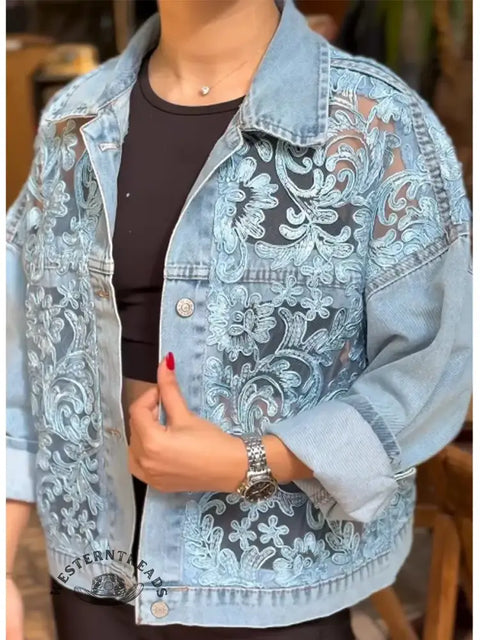 Women's Casual Lace-Patch Denim Jacket