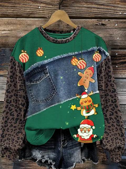 Santa Claus And Gingerbread Man And Reindeer Leopard Print Denim Patchwork Casual Cotton Sweatshirt