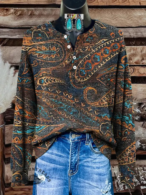 Retro Floral Art Print Casual Cotton Sweatshirt