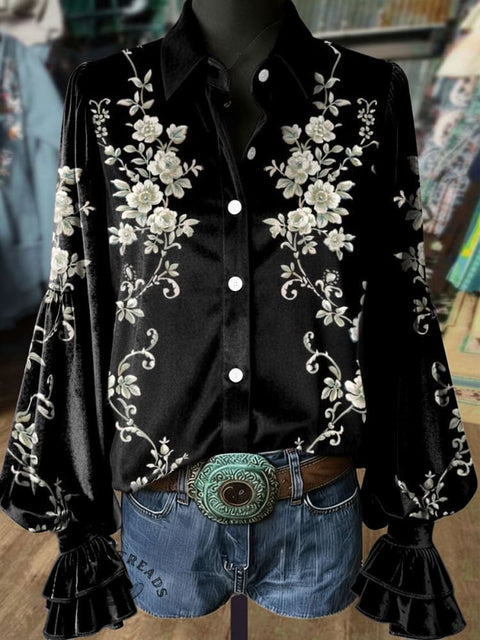 Women's Retro Floral Print Casual Cotton Shirt