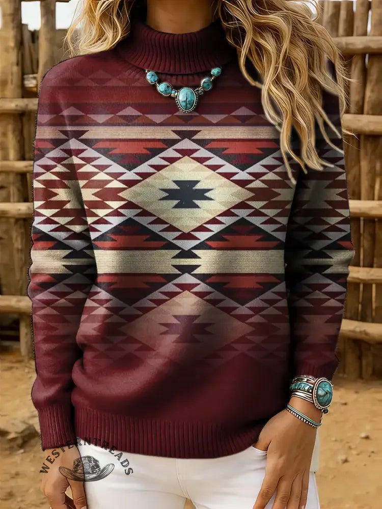Women's Vintage Aztec Print Casual Turtleneck Sweater