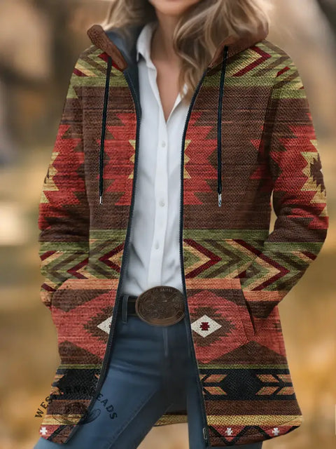 Color Aztec Print Unisex Plush Thick Long-sleeved Sweater Cardigan Coat