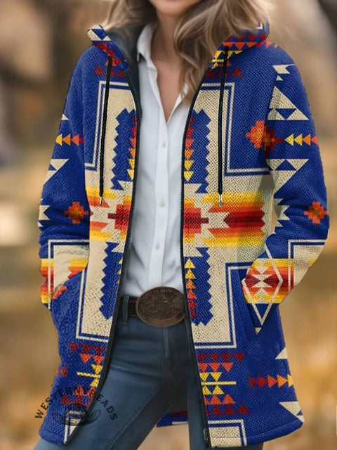 Aztec Print Unisex Plush Thick Long-sleeved Cardigan Coat