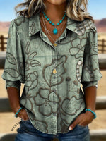 Vintage Floral Print Casual Puff Sleeve Denim Shirt