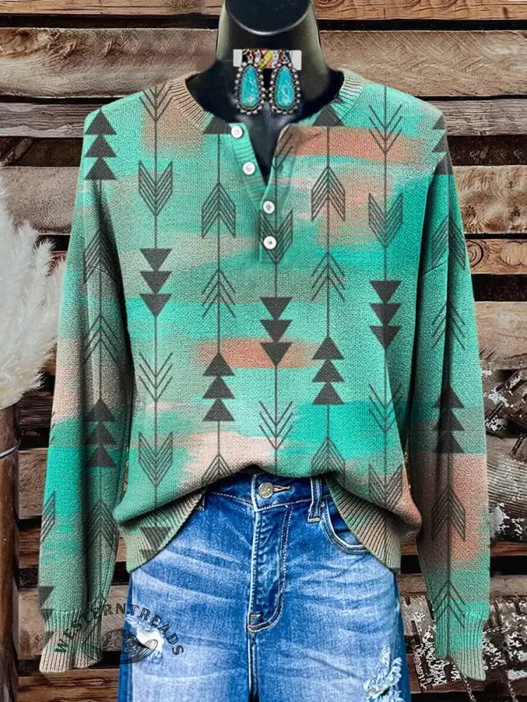 Vintage Print Casual Button Sweater