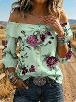 Women's Floral Art Casual Bow-neck Off Shoulder Shirt