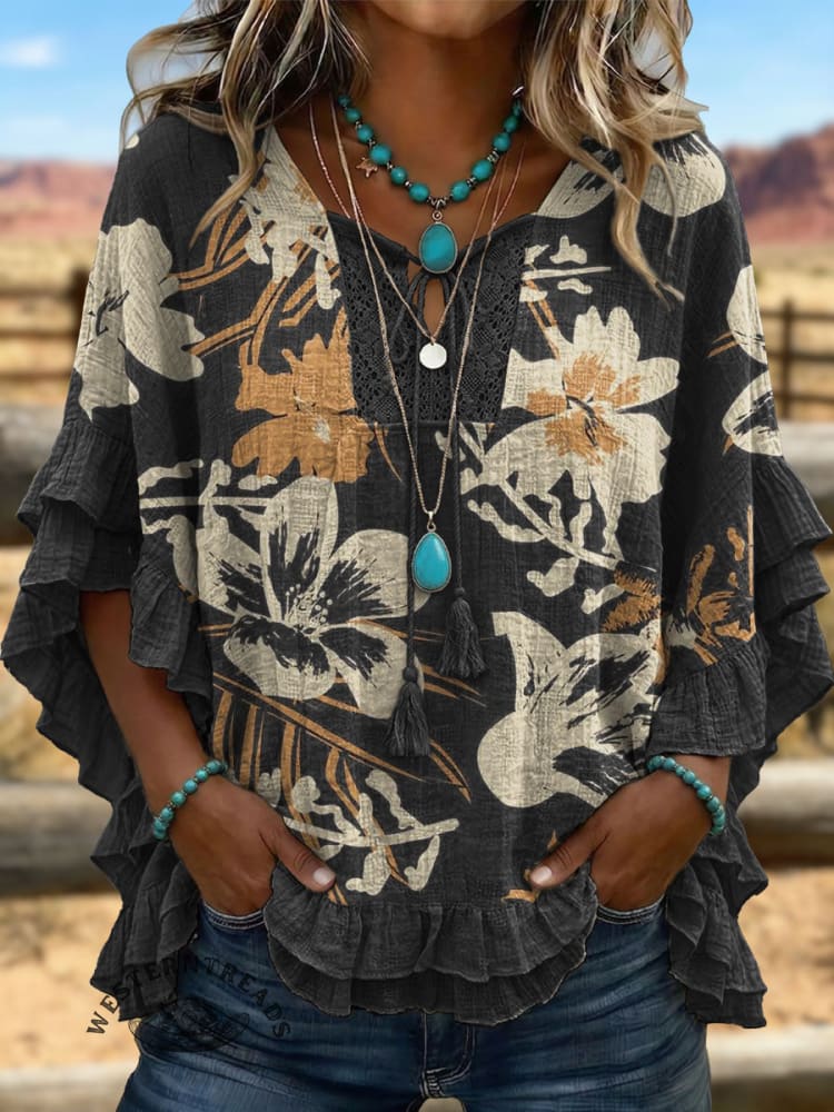 Vintage ArtPatchwork Hollow Design Cotton And Linen Shirt