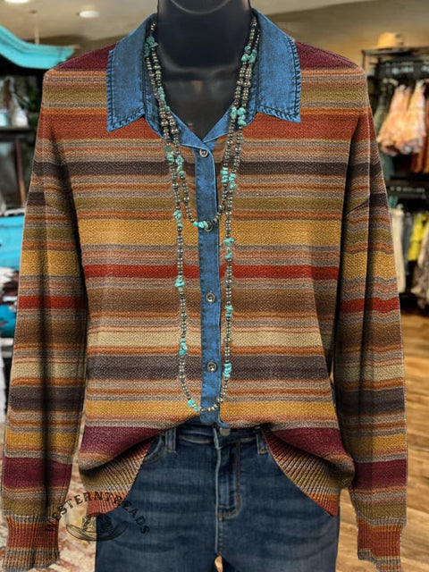 Denim Polo Collar Button Cardigan Sweater