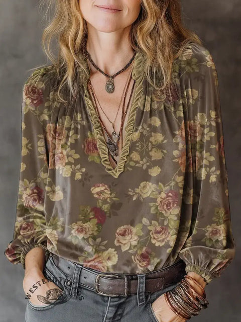 Retro flower V-neck long-sleeved shirt