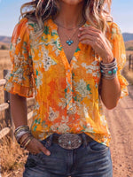 Vintage Art Print Comfortable Summer Fabrics Puff Sleeve Casual Shirt