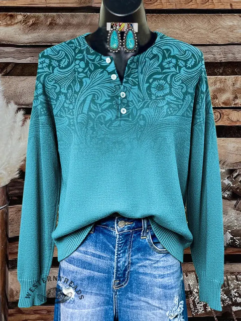 Retro Floral Art Print Buttoned Cardigan Sweater