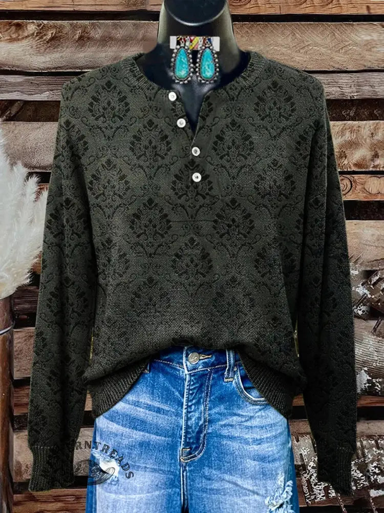 Retro Floral Art Print Buttoned Cardigan Sweater