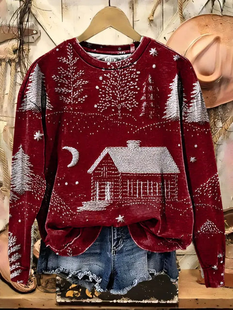 Retro Art Print Casual Cotton Christmas Sweatshirt