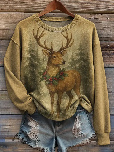Women's Retro Christmas Art Print Casual Sweatshirt