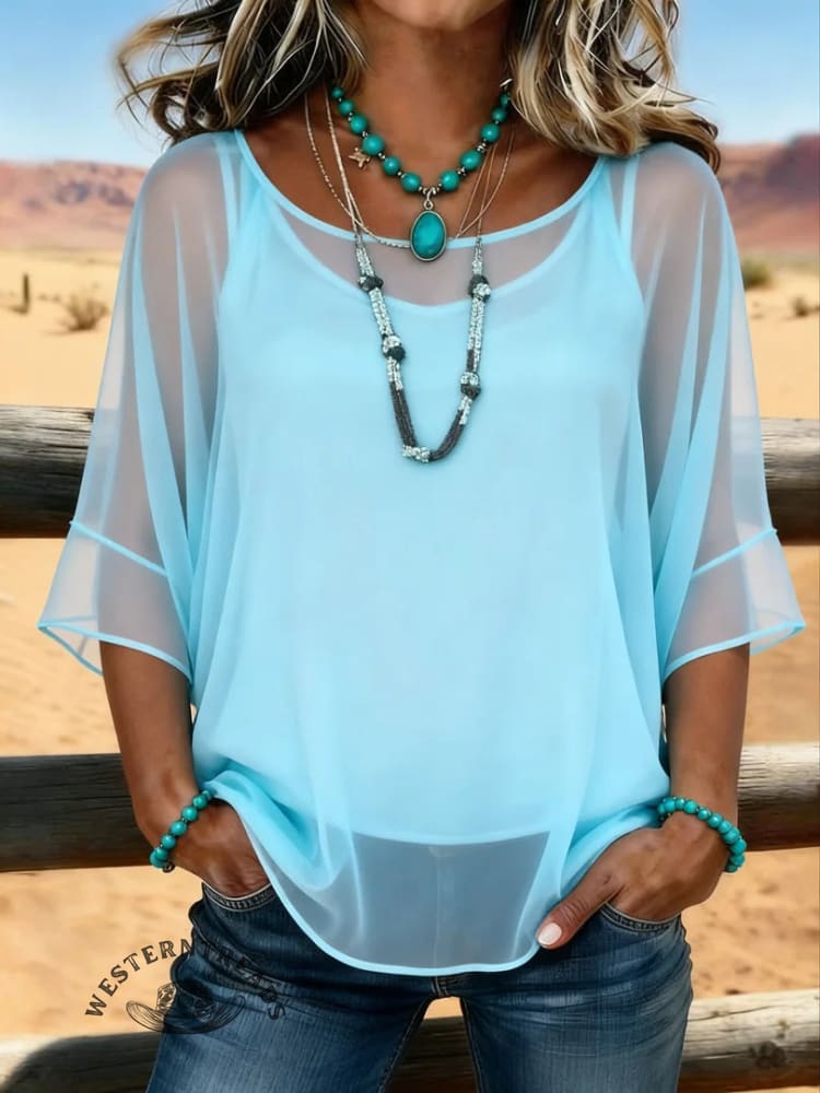 Women's Vintage Patchwork Chiffon Tank Top Two-piece Set Casual Shirt