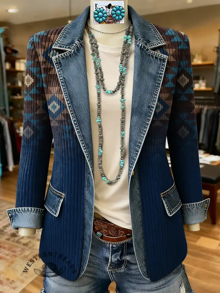 Retro Art Pattern Print Patchwork Denim Sweater Cardigan Coat