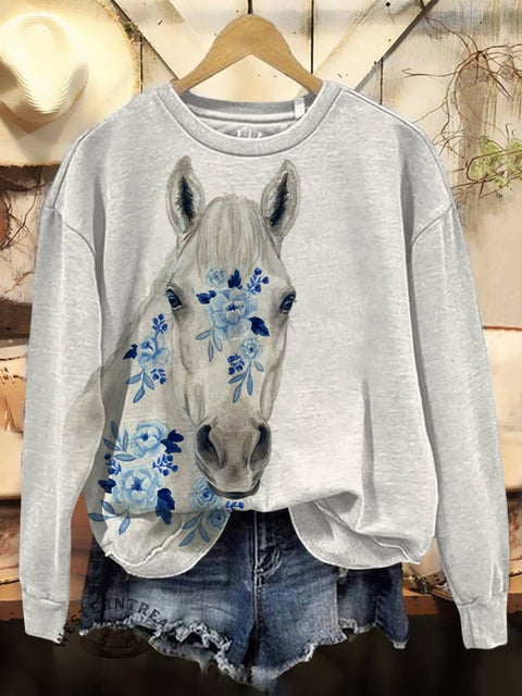 Horse Art Print Casual Cotton Sweatshirt
