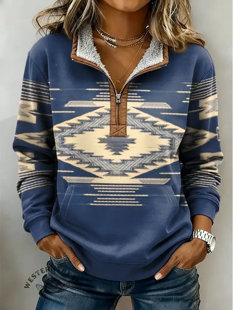 Retro Art Pattern Casual Half-Zip Cotton Sweatshirt