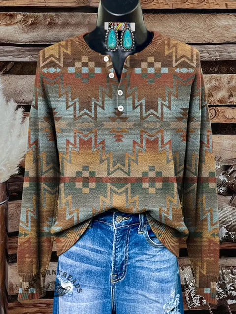 Retro Aztec Art Print Buttoned Cardigan Sweater