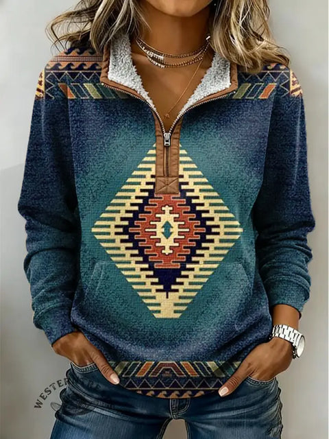 Retro Aztec Print Casual Half-zip Cotton Sweatshirt