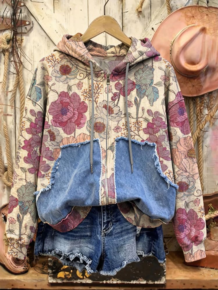 Retro Print Casual Cotton Patchwork Hooded Zip-up Sweatshirt