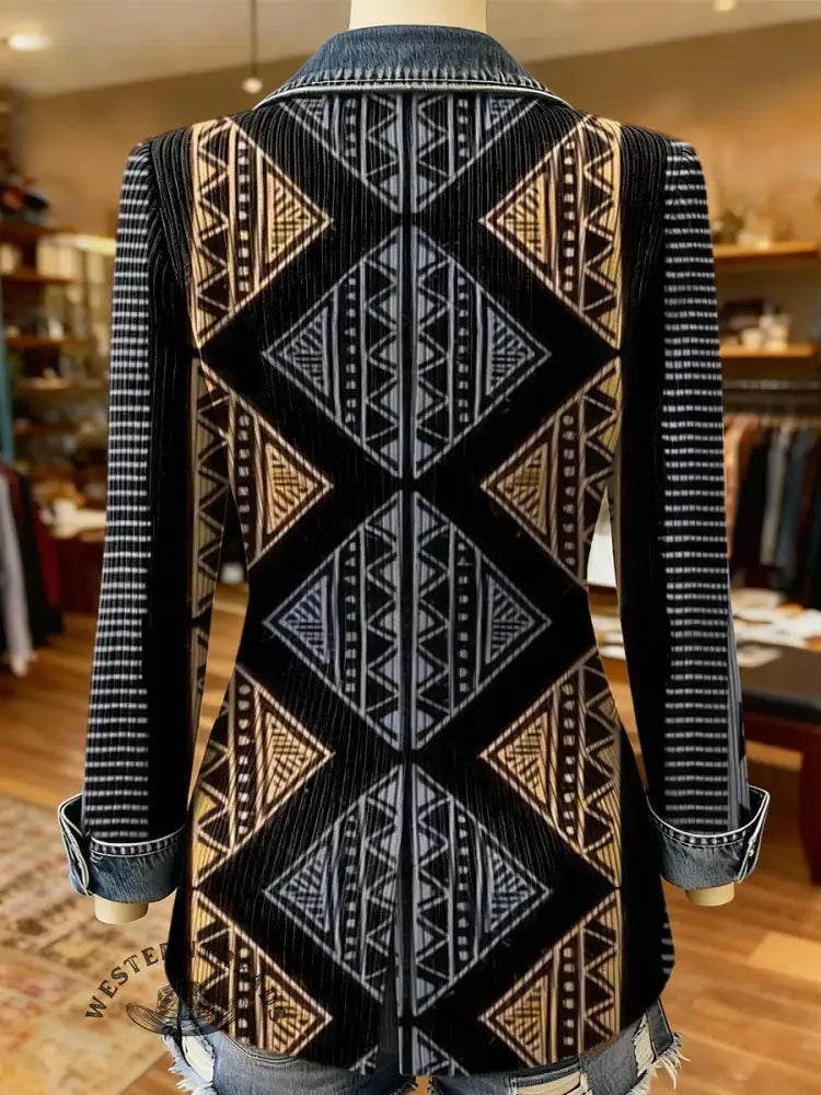 Aztec Art Print Patchwork Denim Sweater Cardigan Coat